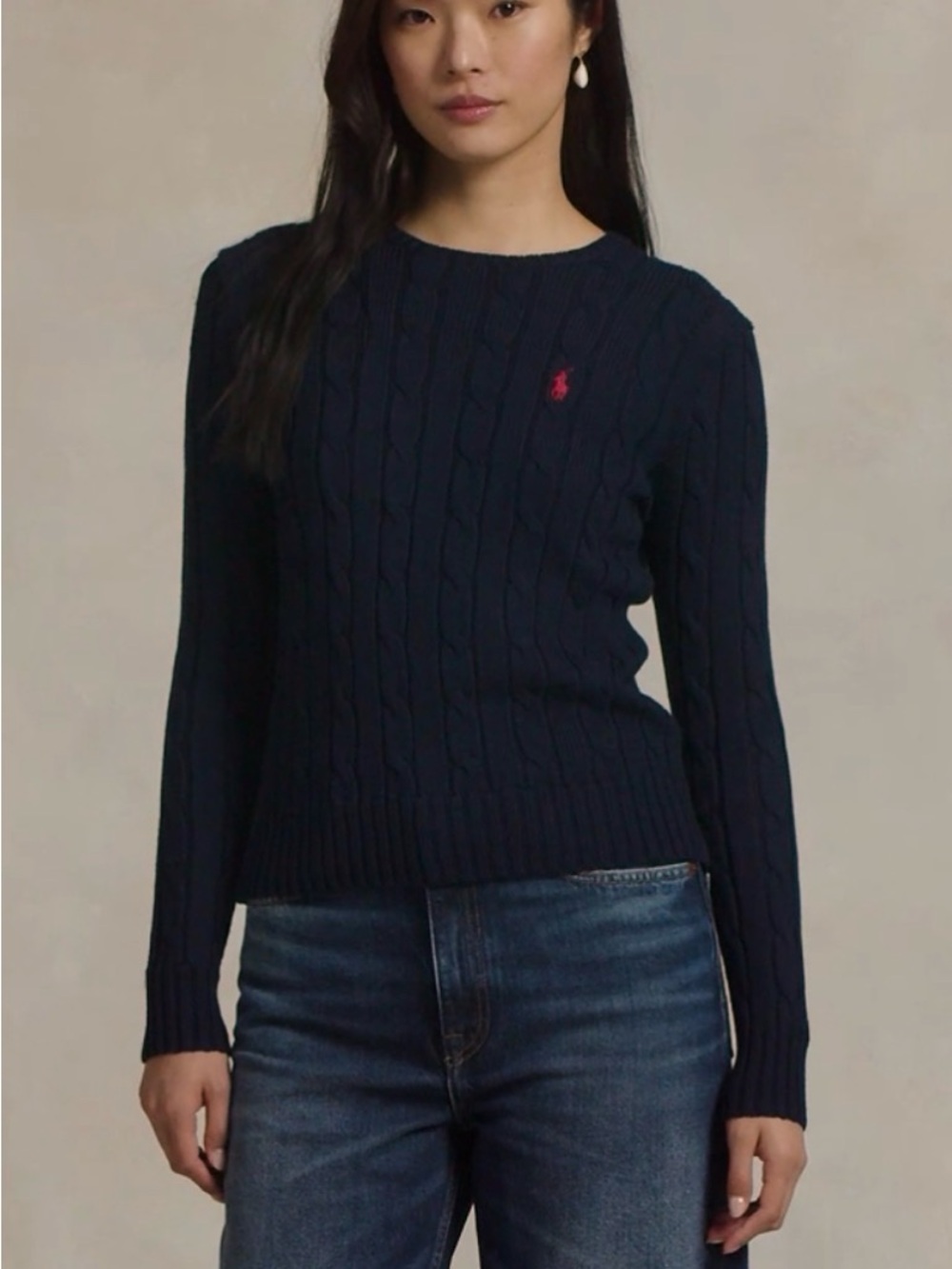 Ralph Lauren Navy Cable-Knit Crewneck Sweater with Red Polo Pony
